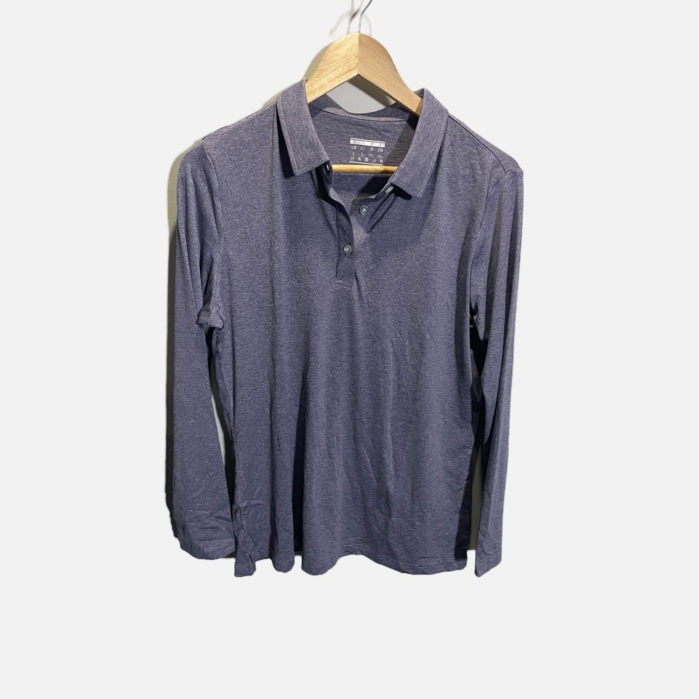 Uniqlo Mens Long Sleeve Polo Shirt Heathered Blue Dri Fit Knit Large